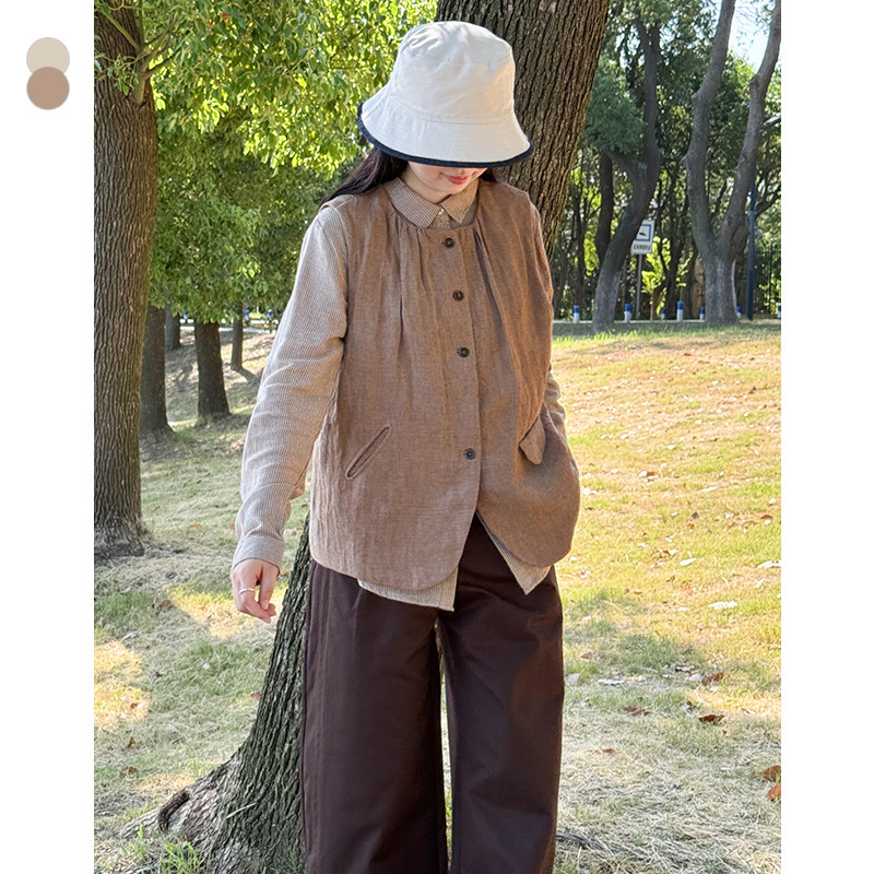 Linen High-End Camel Hair-Filled Vest with a Stylish Round Neck, Loose Fit, Custom-Woven and Custom-Dyed Vest Jacket