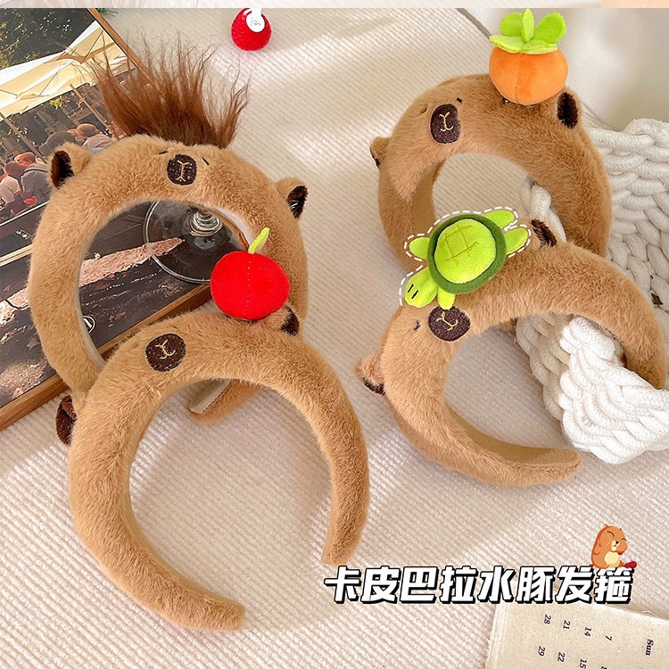 新款卡皮巴拉發箍女洗臉水豚高顱頂伶俐毛絨頭箍搞怪兒童頭飾髮飾