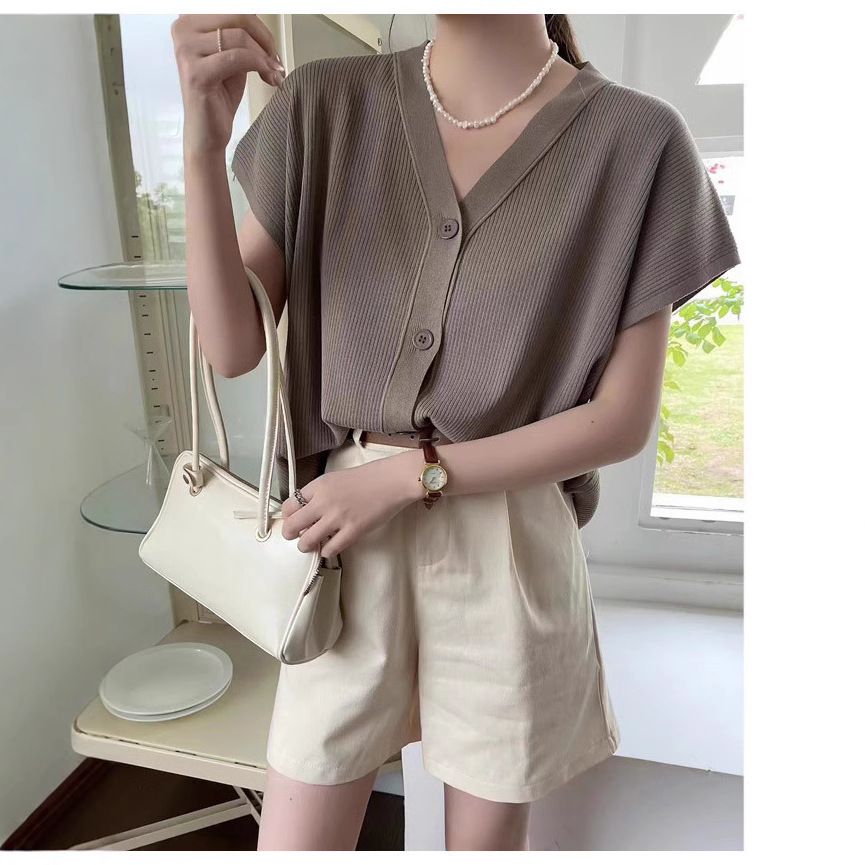 루즈한 V-넥 카디건 얇은 반팔 BM 스타일 니트 스웨터 로우 칼라 신선한 니트 여성 슬리밍 올 매치 탑