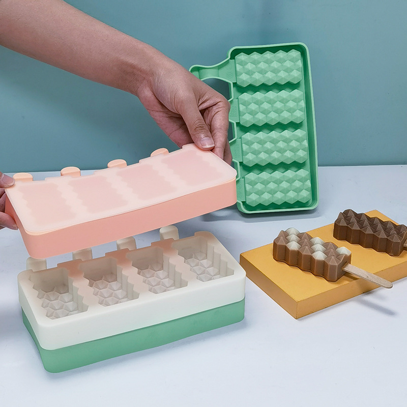 Sanxin 4 piezas de diamante helado molde de silicona DIY hogar paleta de helado fabricante de helado herramienta abrasiva de silicona con tapa