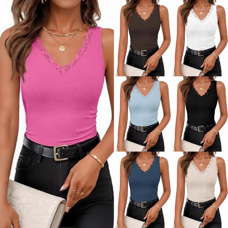 Women's 2026 Summer V-Neck Vest Spring Sleeveless Lace Trim Ribbed Knit Casual Going Out Camisole Shirt Women's 2026 Summer V-Neck Vest Spring Sleeveless Lace Trim Ribbed Knit Casual Going Out Camisole Shirt