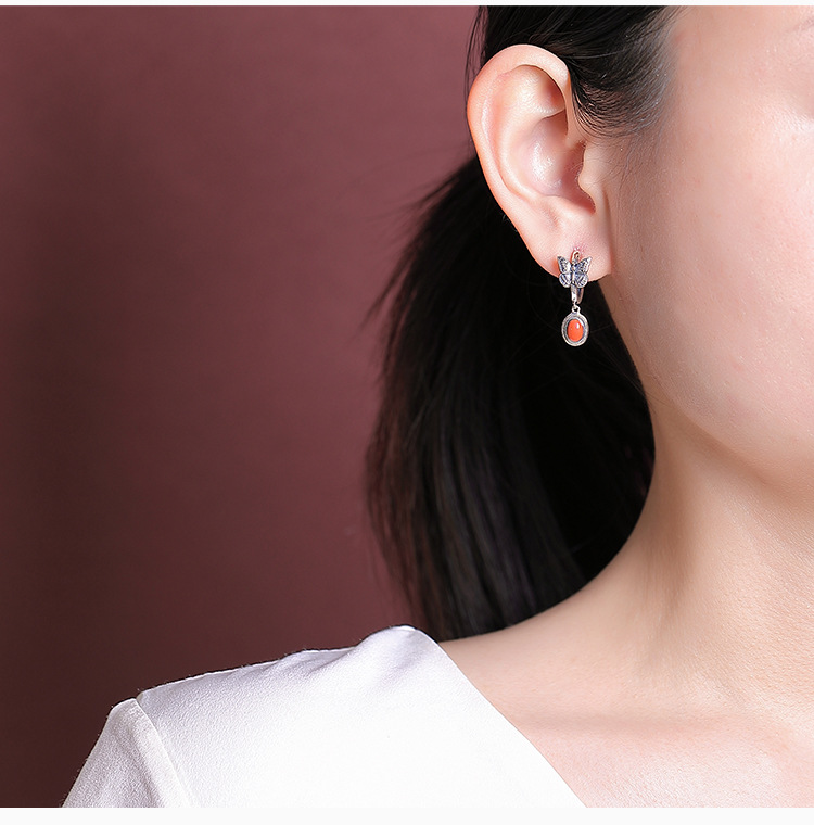 Bông tai bạc S925 mặt đá mắt mèo đỏ Nam, ngọc lam, kiểu retro cổ điển, mặt trứng bướm — Ngọc lam chi tiết 6