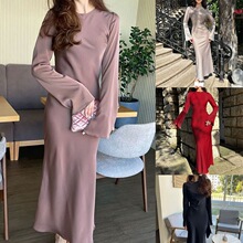 Solid round neck waistband long sleeved elegant dress�羳