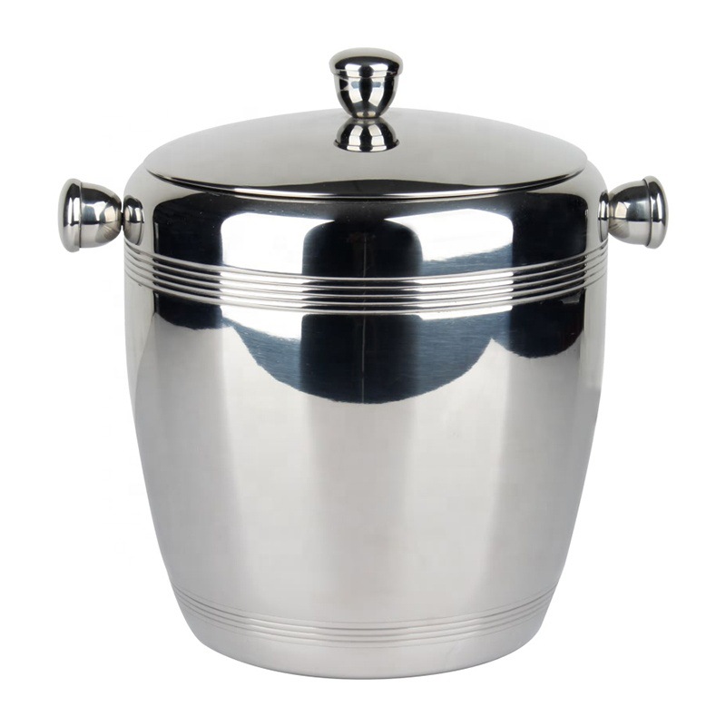 Cubo de hielo de acero inoxidable de doble capa en forma de tambor enfriador de whisky de vino con mango y tapa cubo de hielo de doble capa