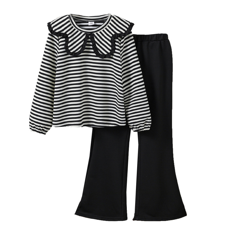 2024 Mädchen Herbst Outfit neue gestreifte Revers Top Langarm Sweatshirt weite Beinhose zweiteiliges Set für mittlere und_voghion.com