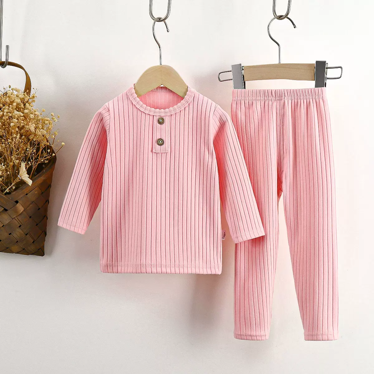 儿童内衣套装韩版衣服秋季新款男童女宝宝坑条德绒家居服童装严选