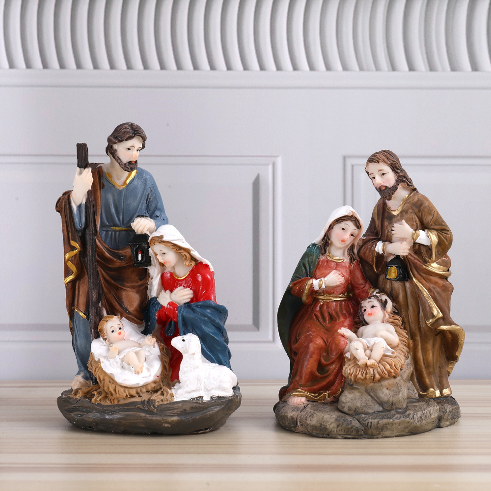 Resina transfronteriza pesebre decoración retro decoración navideña decoración para el hogar decoración para una familia de tres personas