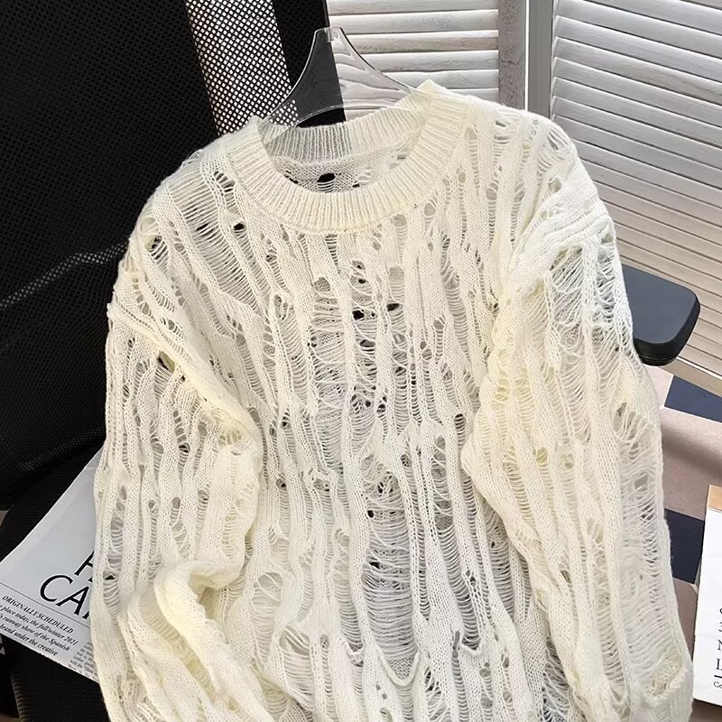 Übergroßer, lässiger Strickpullover für Herren mit einzigartigem Cut-Out-Design. Lockere Passform, lange Ärmel, bequemer Pullover für den Alltag (mehrere Farben)_voghion.com