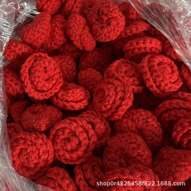 成品手工编织玫瑰花小红花仿真花diy毛线花半成品花毯配件情人节|undefined