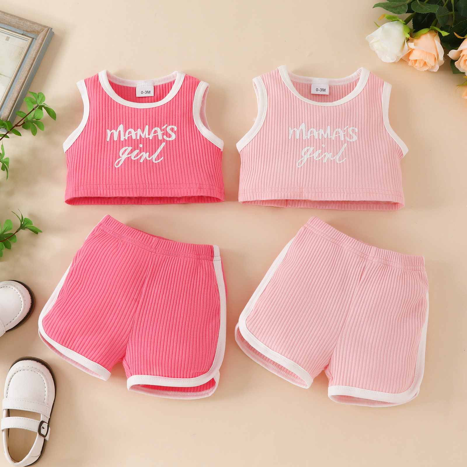 Baby Girl onesie and shorts set, Mama is girl letter stripe sleeveless top and bottom two-piece set