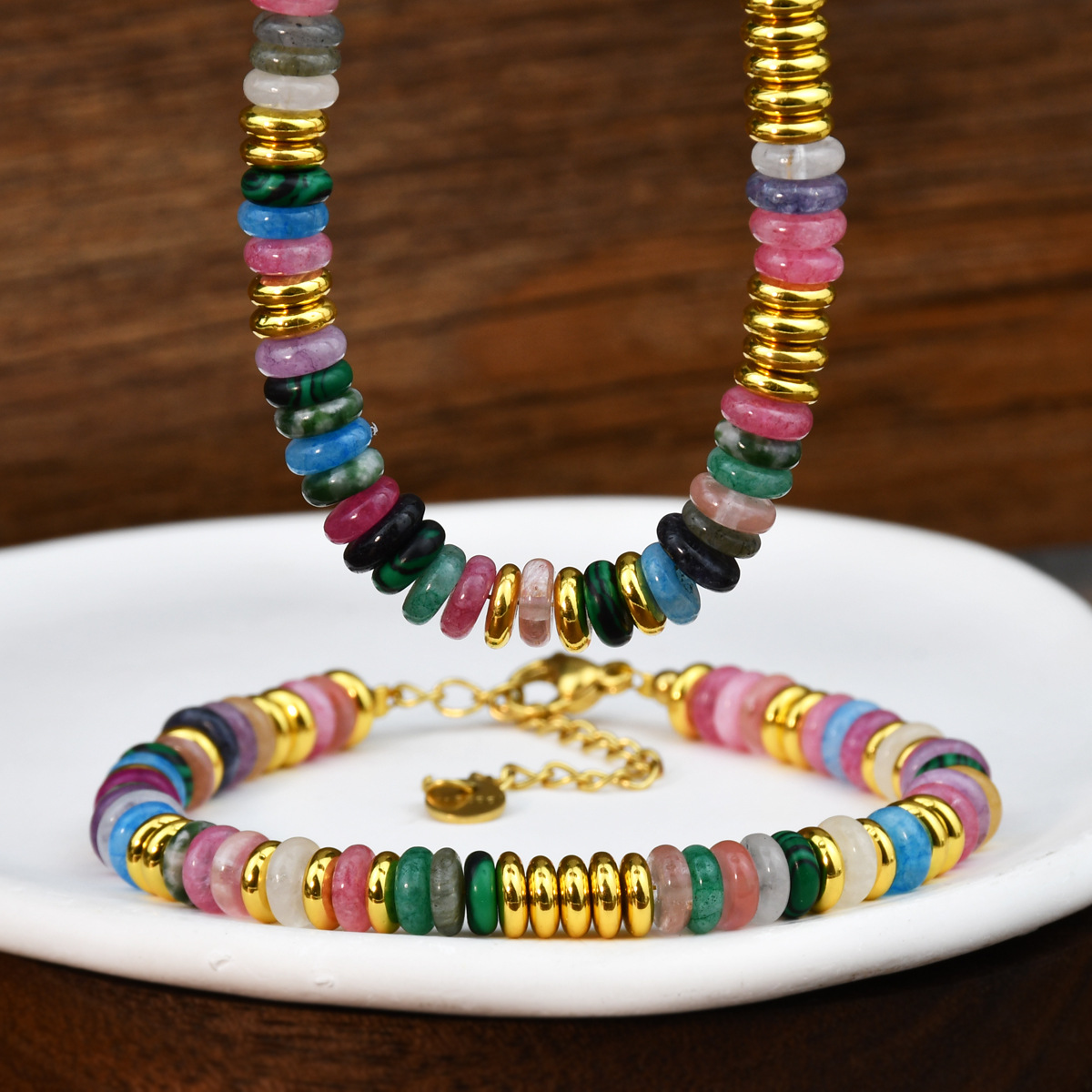 18K Real Gold Plated Plating Material Aventurine, Amazonite, Crystal Inlay Material Round 316L Stainless Steel  Synthetic Gemstones Simple Style Classic Style Waterproof Non Tarnish Surgical Steel Jewelry Set