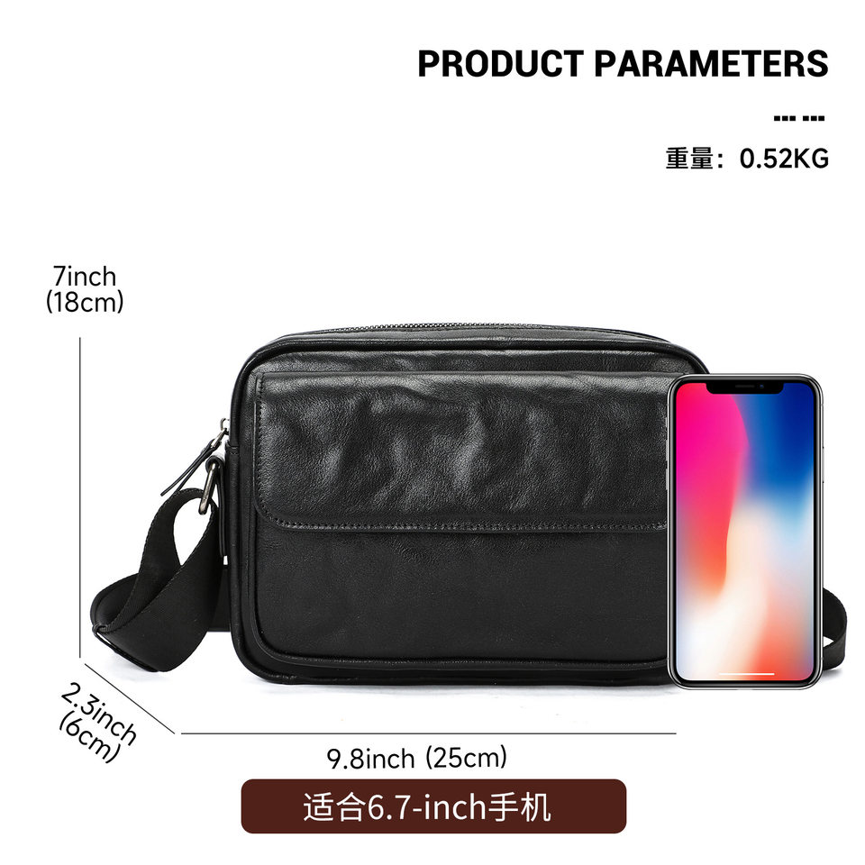 Túi đeo chéo nam da bò thật vân sần phối khóa kéo, kiểu dáng đứng ôm vừa iPad 10 inch — Mùa thu tự nhiên màu đen (kéo đơn), Da thuộc thực vật màu đen (kéo đơn)