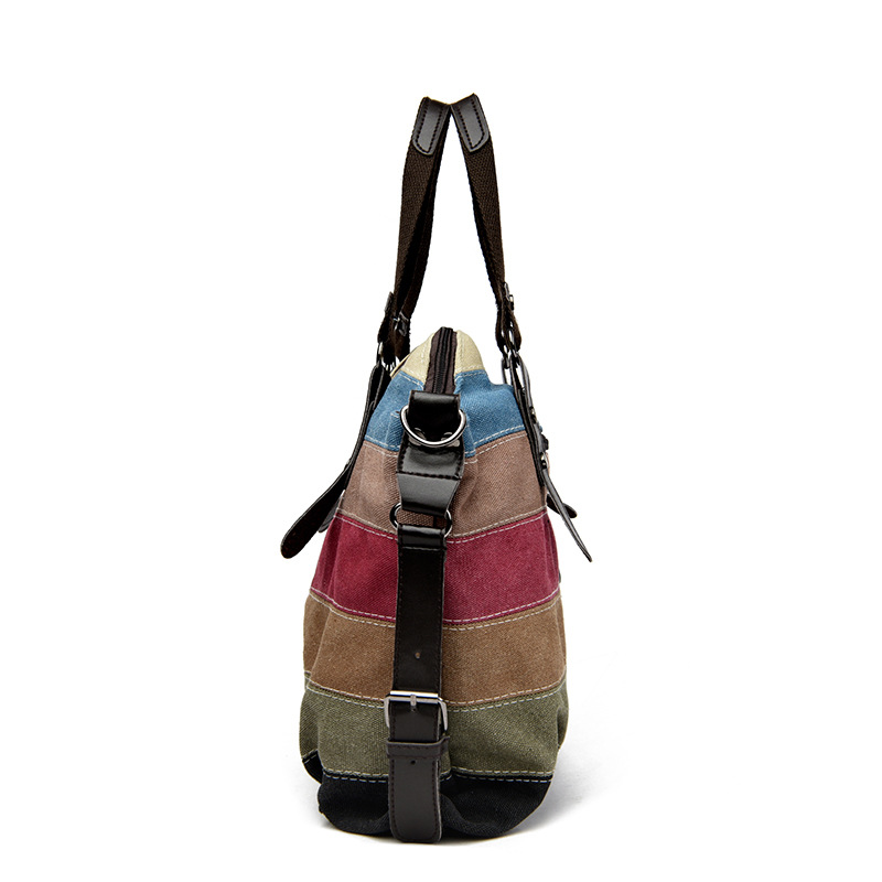 Cross-Border New Canvas Casual Retro Fashion Academic Style Large Capacity Women's Shoulder And Crossbody Contrast Patchwork Bag - Thumbnail 3