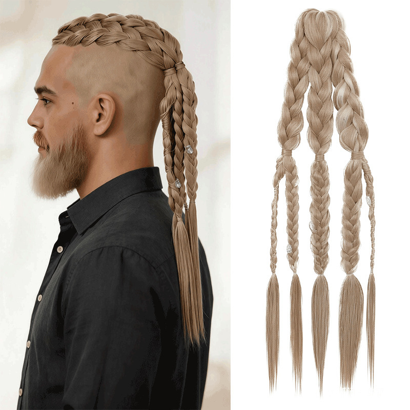 Cross-Border Foreign Trade Men's Wig Braids 24inch Handmade Clip-On Viking Braided Ponytails Wholesale Cross-Border Foreign Trade Men's Wig Braids 24inch Handmade Clip-On Viking Braided Ponytails Wholesale