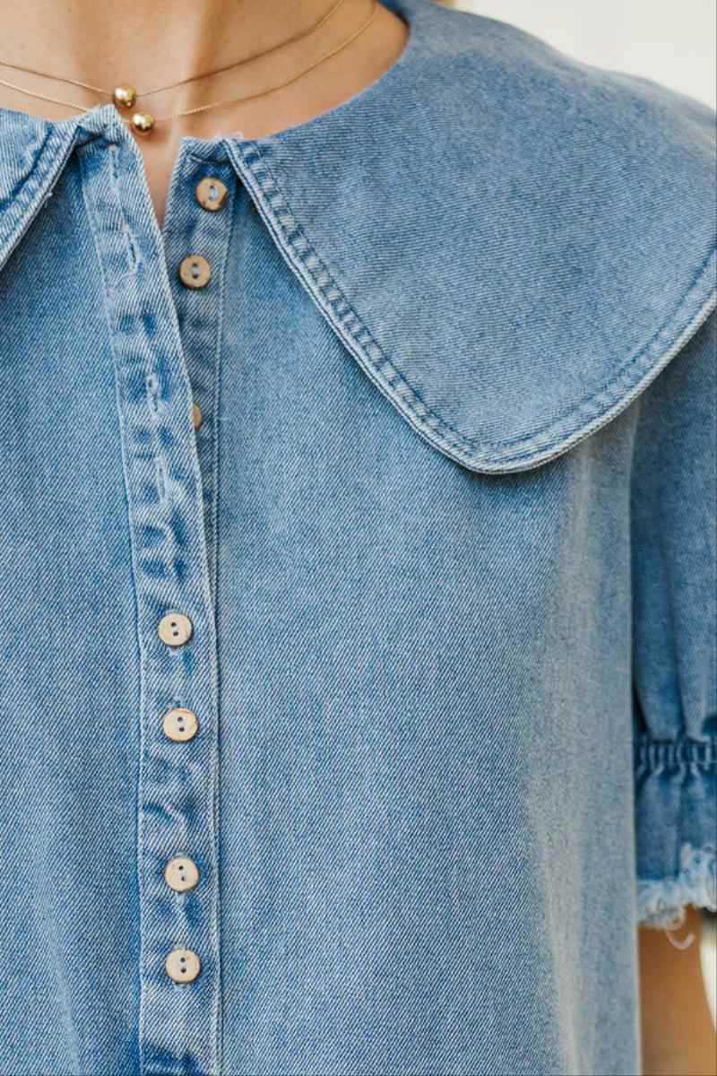 Women's Summer Denim Dress New Arrival Lapel Loose Ruffle Style_ecoleips.com