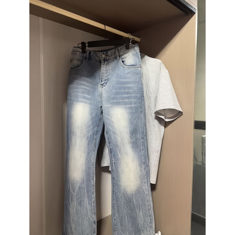 American High Street Lightning Washed Flared Jeans, Men's Loose Straight Slim Fit Trendy Denim Pants Streetwear_voghion.com
