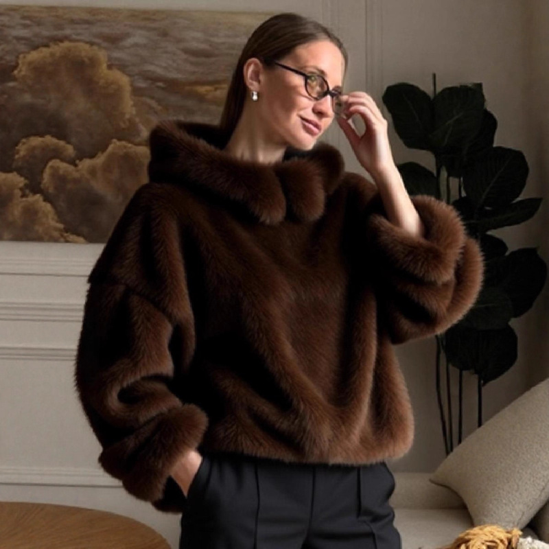 Cross-Border Autumn and Winter New Thick Warm Soft Waxy Lazy Style Imitation Mink Plush Hooded Inner Knitwear Top for Women