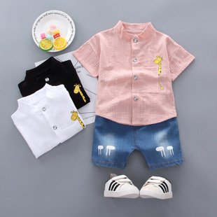 Foreign Trade Korean Style Children's Clothing Summer New Style Small and Medium-Sized Boys' Cross-Border New Cartoon Shirts and Jeans Suits 2 Pieces