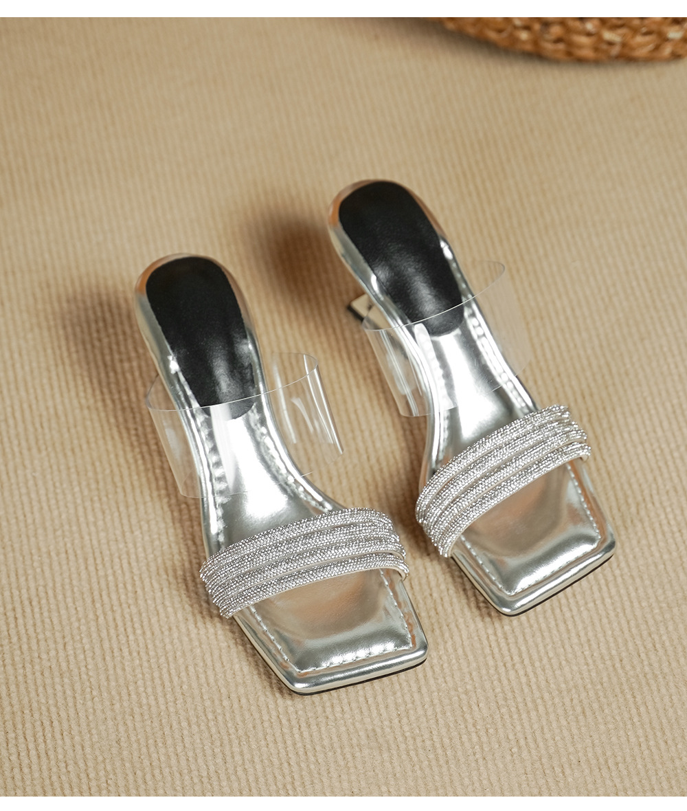 Sandal cao gót nữ mũi vuông đính đá, quai ngang trong suốt, gót 6 cm — đen chi tiết 15