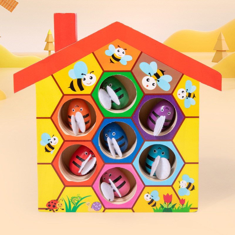 Wooden children's Montessori education clip clip music Beehive Game early education puzzle color cognitive clip bee toy