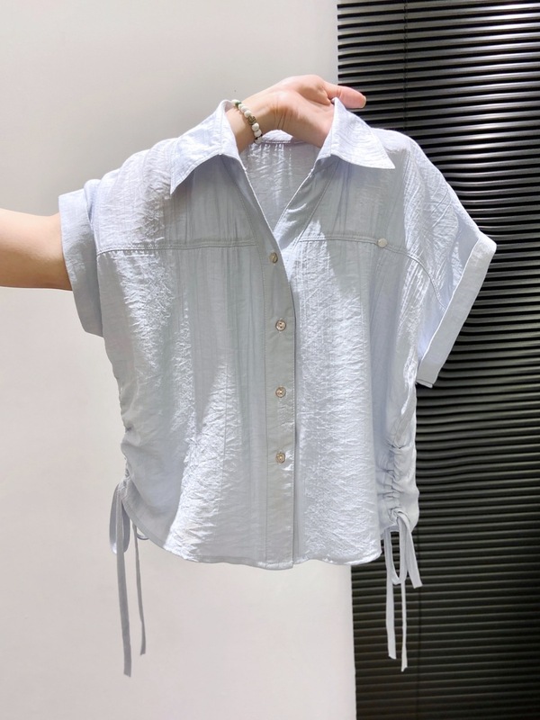 蓝色Polo领雪纺衫衬衣短袖女夏2025新款爆款收腰显瘦洋气百搭上衣|undefined