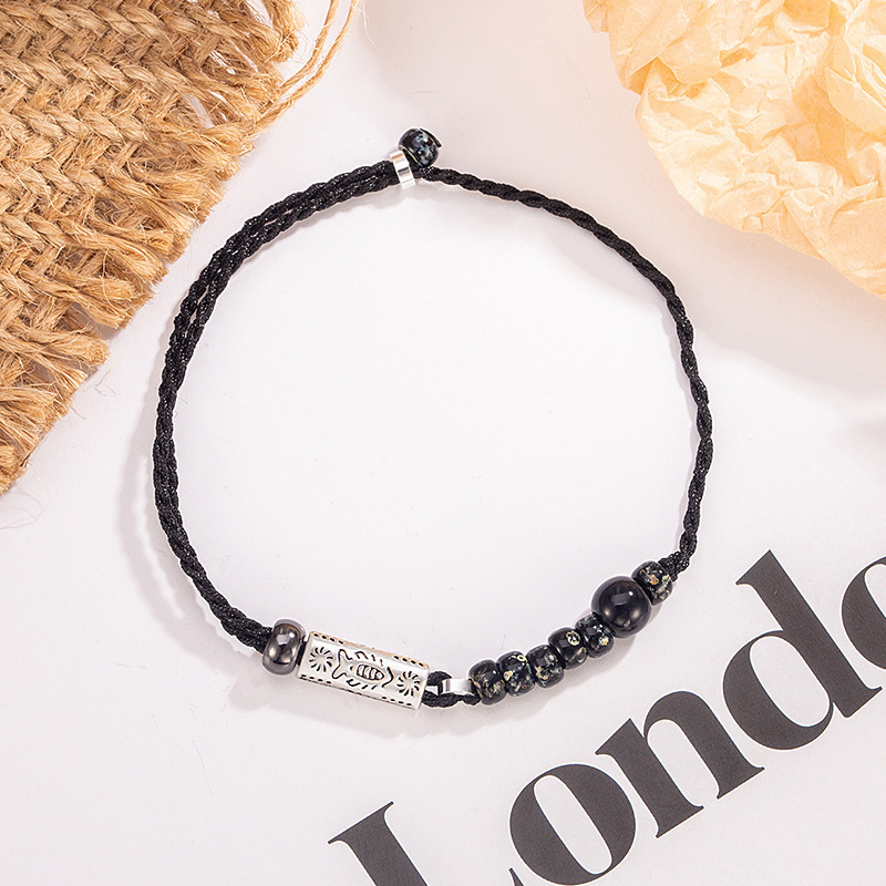 Retro Koi Obsidian Bracelet Red Rope Hand Rope Braided Rope Accessible Luxury Niche Design Gift Good Luck Versatile Women's Jewelry