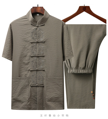 夏天薄款老人半袖夏装中老年唐装男短袖中式套装棉麻男装民族服饰|ms