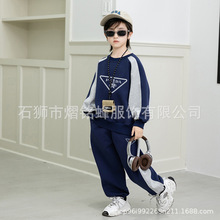 男女中童韩版套装2025年新品小毛圈图案螺纹拉链长袖长裤两件套装