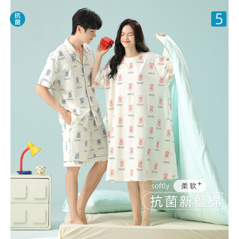 [Antibacterial Cotton] Spring and Summer Pure Cotton Couple Pajamas Short-Sleeved Women's Nightgown Thin Men's Home Wear Set