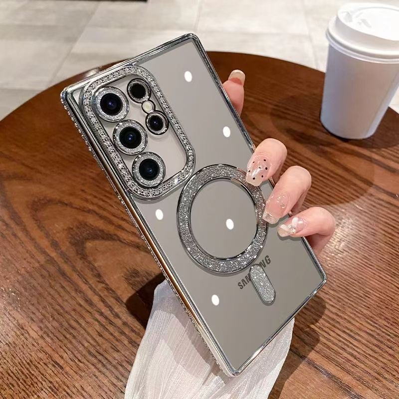Suitable for Samsung Series S25Ultra Mobile Phone Case, Four-Corner Diamond-Encrusted Magnetic Phone Case with Lens Film, Anti-Fall, Wholesale