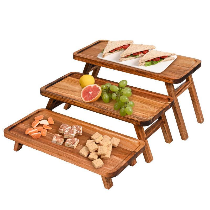 Wooden Storage Rack Tray Creative Dessert Rack Outdoor Picnic Tray Solid Wood Stepped Display Rack Storage Rack