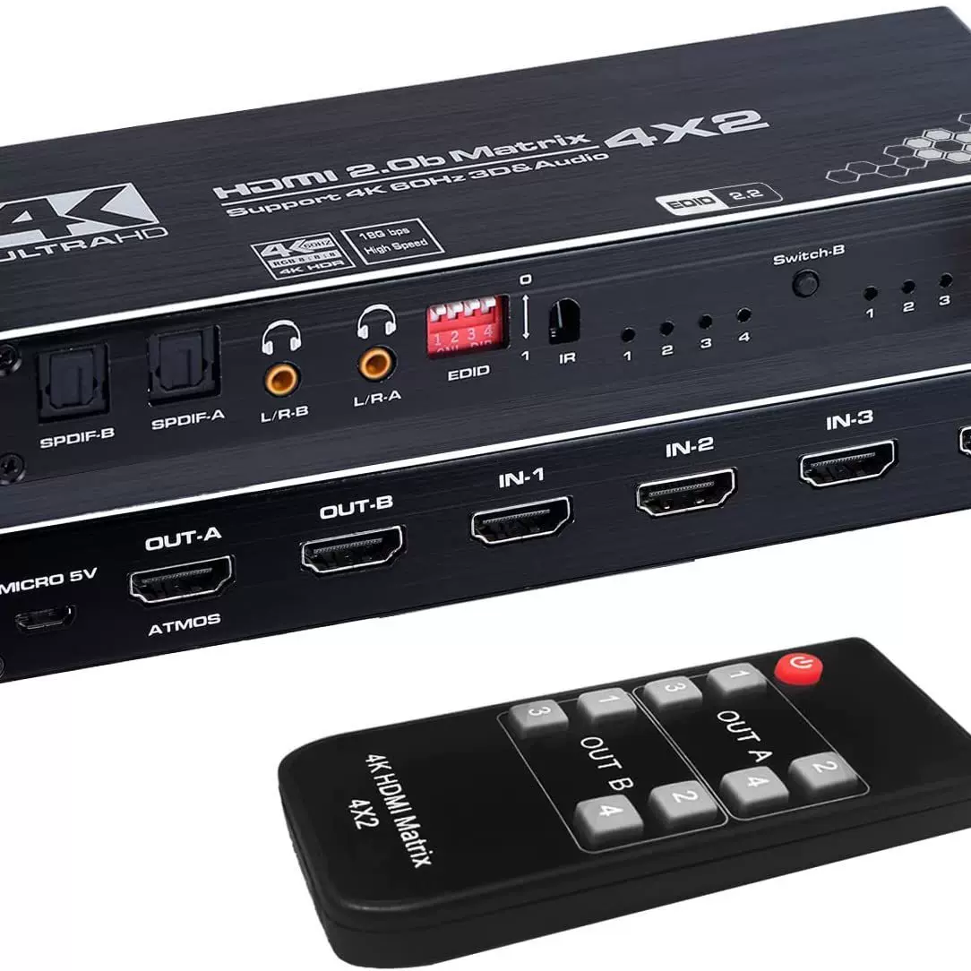 4K@60Hz 4X2 HDMI矩阵切换器4进2出 支持2K@144HZ,HDCP2.2,HDR 10