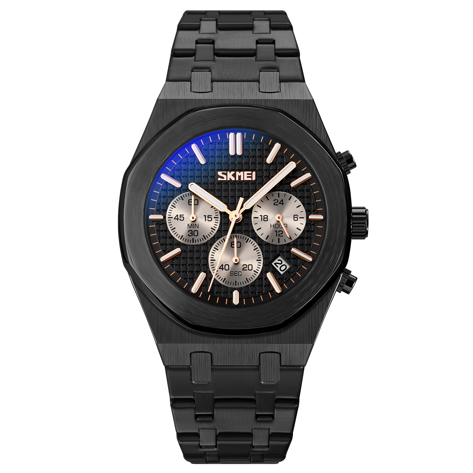 Momento de los relojes de pulsera de tres ojos seis agujas multifuncional correa de acero para hombres reloj de cuarzo impermeable suministro transfronterizo