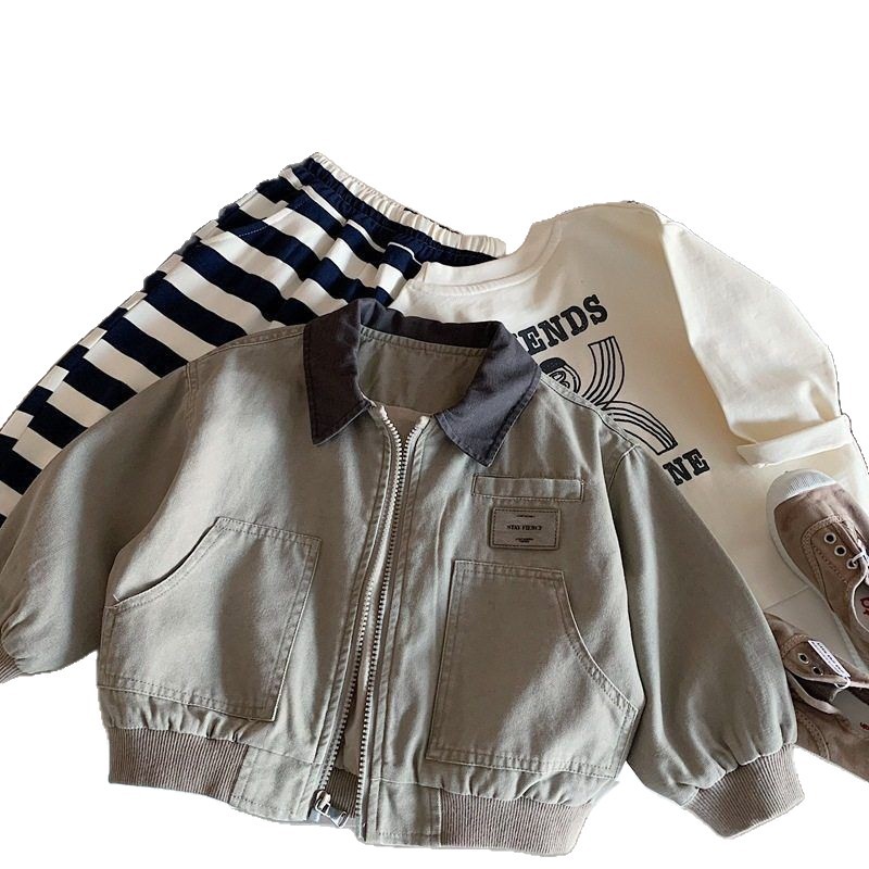Niños vintage chaqueta de solapa 2026 primavera y otoño vestido nuevo bebé camiseta con cremallera casual chaqueta para niños