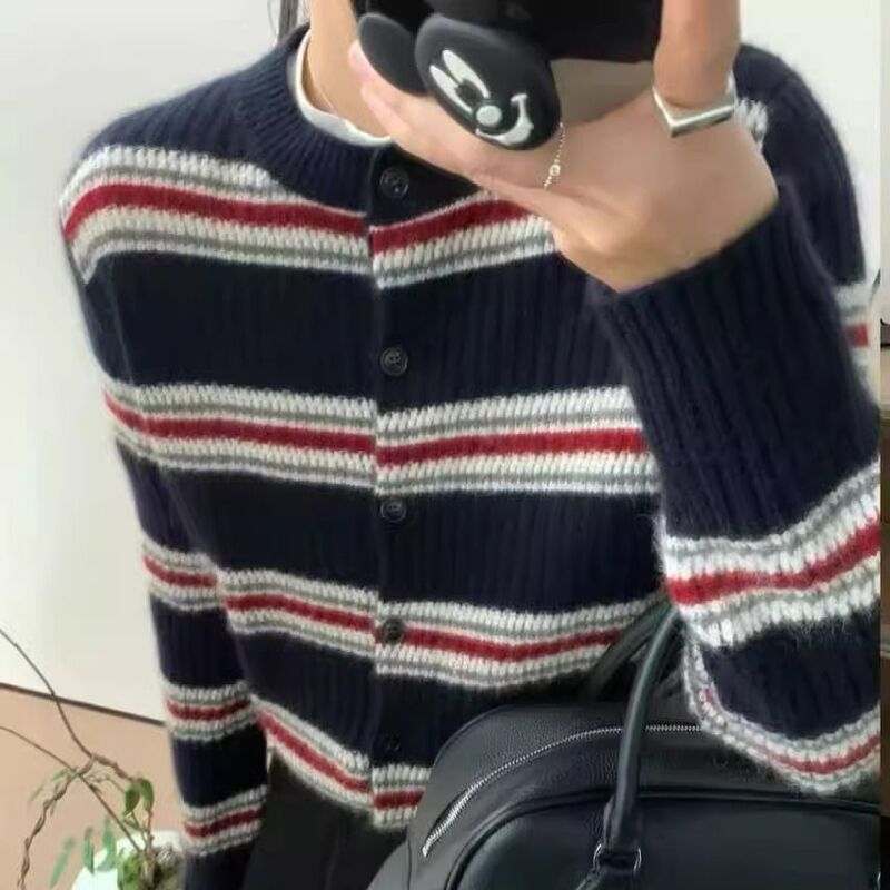 欧货时尚撞色圆领条纹毛衣开衫女秋冬宽松百搭小众设计感针织上衣|undefined
