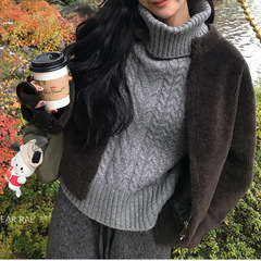 跨境欧美风秋季新款女装时髦款麻花针织背心高领无袖针织上衣马甲