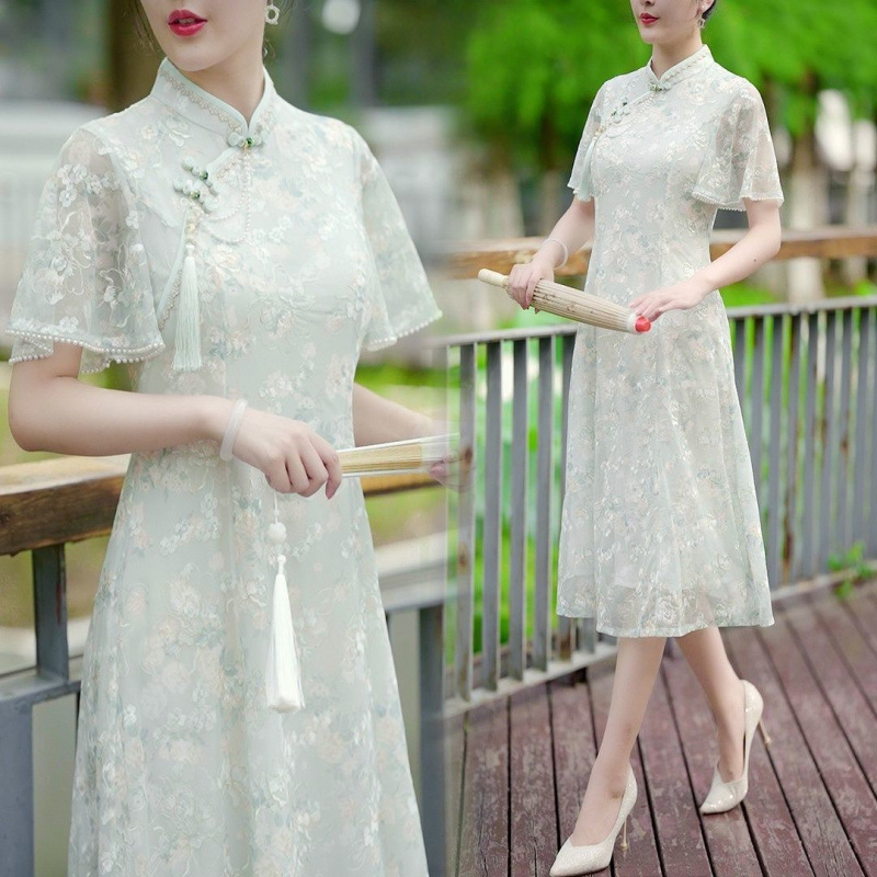 中式旗袍改良版旗袍复古优雅气质刺绣连衣裙女夏送考款中国风显瘦|undefined