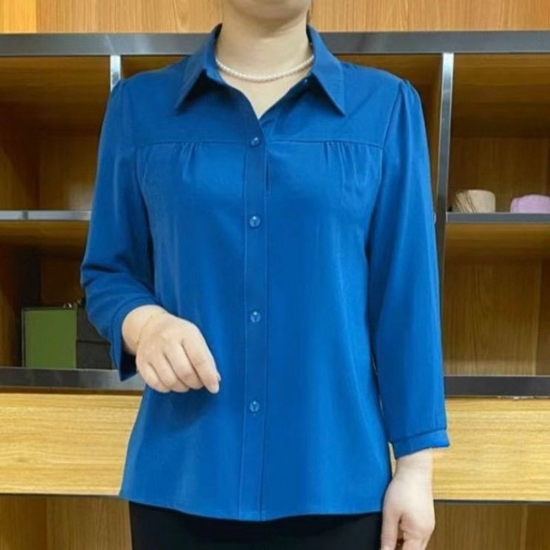 高档夏季新款纯色女士衬衫中老年妈妈时尚女装九分宽松开衫上衣