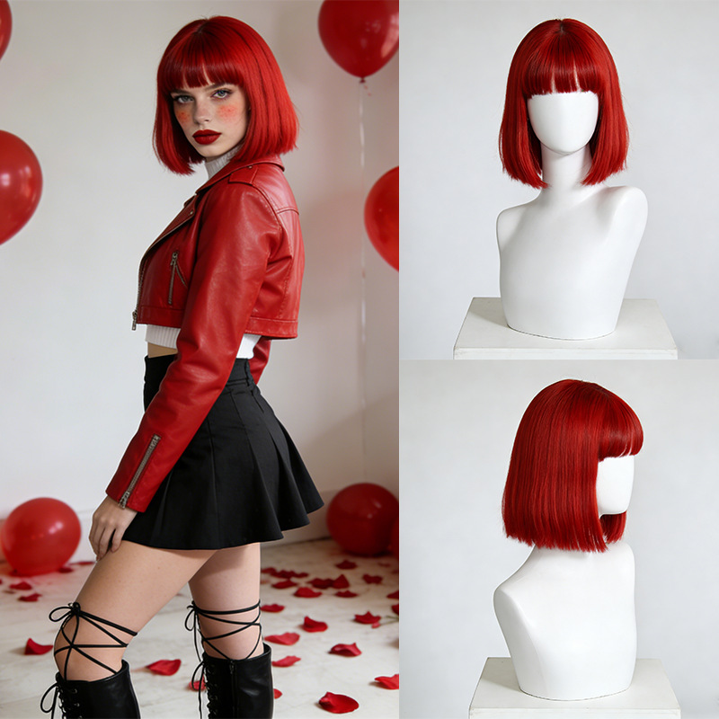 Cross-Border Red Women's Bob Wig with Air Bangs for Carnival Cosplay, High-Temperature Synthetic Fiber Hairpiece