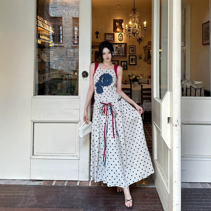 Retro Holiday Polka Dot Linen Three-Dimensional Floral Long Dress for Summer