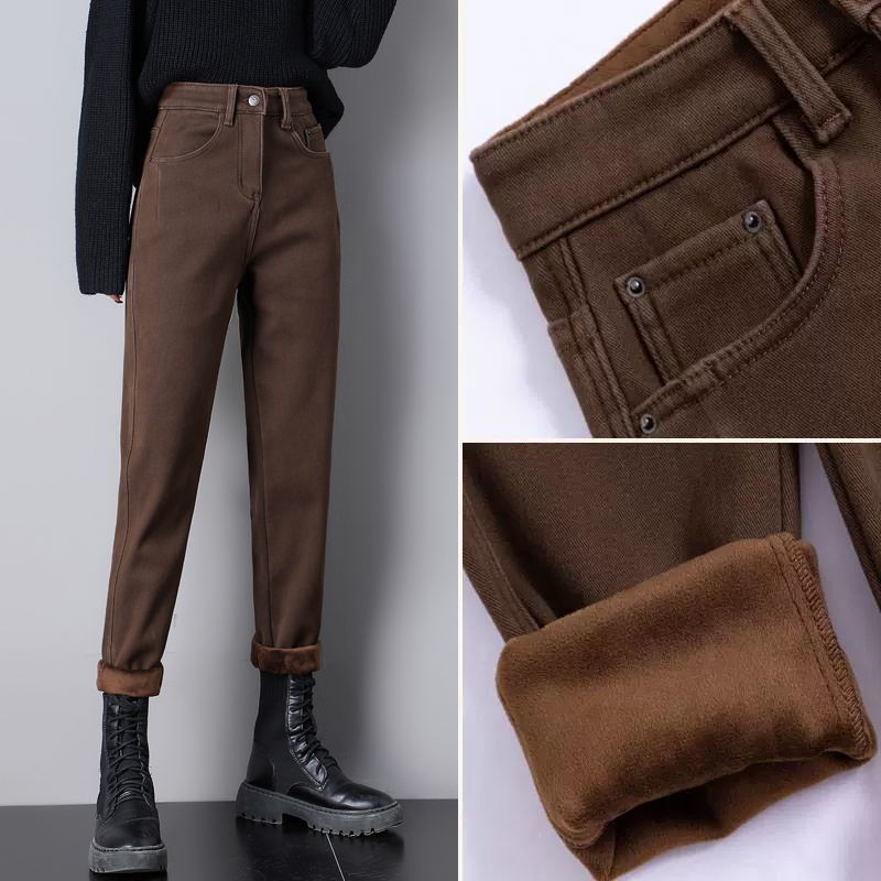 色牛仔褲女士2025秋冬加絨外穿高腰彈力寬鬆顯瘦哈倫老爹褲子