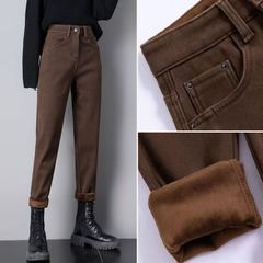 色牛仔褲女士2025秋冬加絨外穿高腰彈力寬鬆顯瘦哈倫老爹褲子