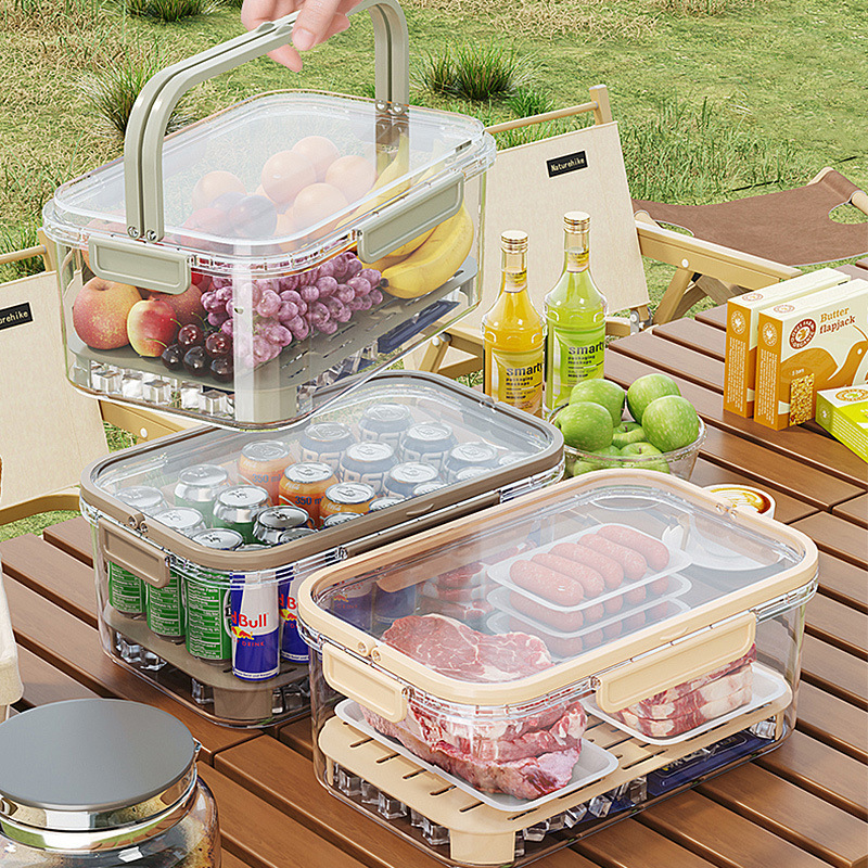 食品级手提保鲜盒塑料手提户外野餐盒大长方形冰箱收纳密封盒冷藏