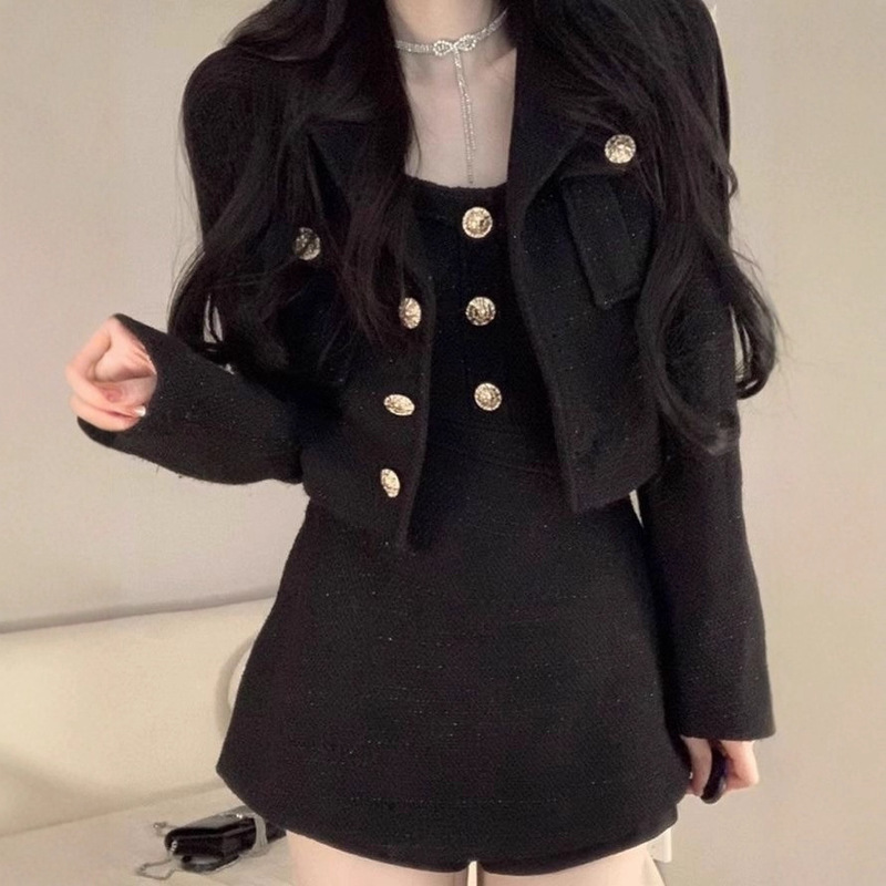 2025 Qianjin Xiaoxiangfeng Suit Skirt Two-Piece Set for Women New Birthday Black Suspender Skirt Elegant Jacket Two-Piece Set