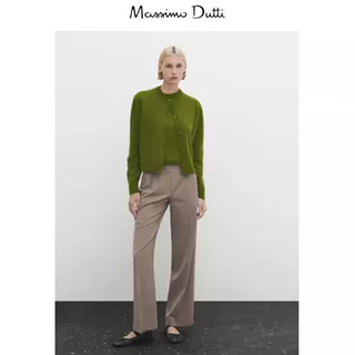 春季新款MassimoDutti2026女装柔软羊毛混纺绿色短外套针织开襟衫