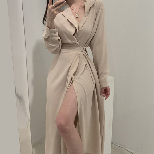 Women's Fashionable Long-Sleeve Shirt Dress with Collar, Button-Down, Belted, Slimming, and Chic Korean Elegant Lightweight Mature Style