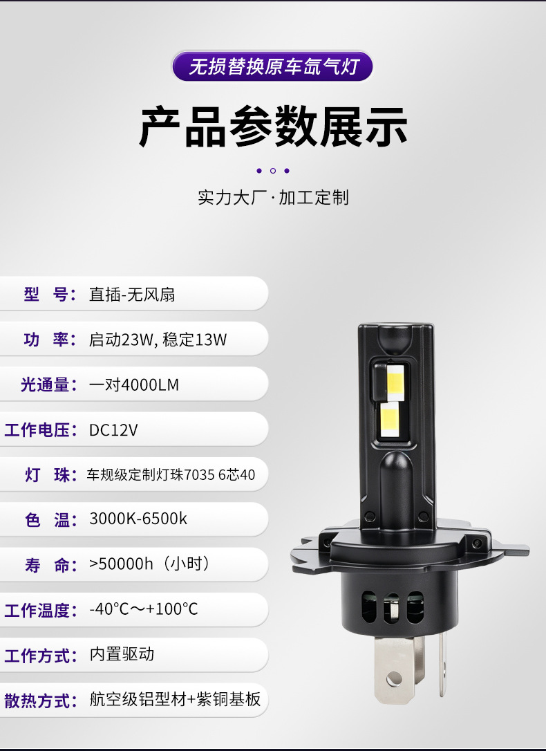 Car Front Headlight Without Fan, Ultra-Bright, Direct Plug-In Modified Headlight with Copper Tube Heat Dissipation, H4 High and Low Beam Integrated Car Headlight
