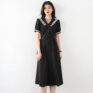 Summer dress bubble sleeve small black skirt plus size navy collar dress chubby girl waist A- line skirt M-4XL200 Jin