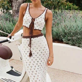 2025欧美春夏季新款海边吊带长裙套装 针织性感镂空绑带连衣裙女