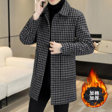 冬季宽松型格子中长款毛呢大衣男装加棉加厚翻领呢子风衣潮